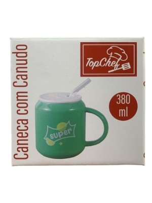 CANECA DE PORCELANA C/ CANUDO DE VIDRO 380ML UN.