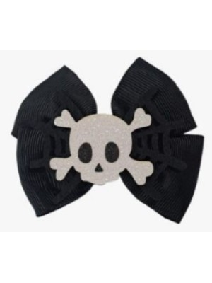 Presilha Laço Duplo Caveira 8cm c/2 Peças – Acessório de Cabelo Halloween para Fantasias Infantis e Adultas