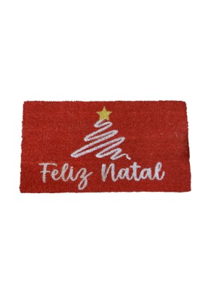 Tapete Fibra de Coco Star Feliz Natal 33x60cm – Capacho Decorativo Natalino com Base Antiderrapante