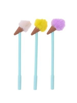 Caneta Esferográfica Sorvete com Pompom de Pelúcia Colorido – Caneta Fofa Decorativa e Criativa com Tinta Azul para Escola, Escritório e Presente
