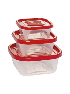 Conjunto Potes Imola 3 Peças Potes Plásticos com Tampa Vermelha, Empilháveis, Resistentes e Transparente, Ideais para Alimentos, Geladeira e Freezer 