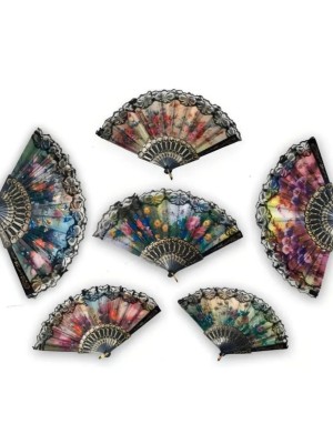 Leque Decorativo Colorido com Renda 22,5cm Portátil e Elegante