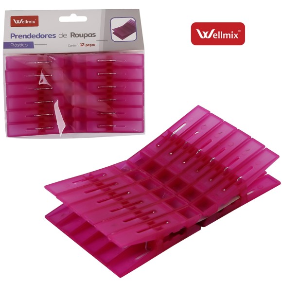 PRENDEDORES DE ROUPAS DE PLASTICO ROSA KIT C/12 PCS UN.