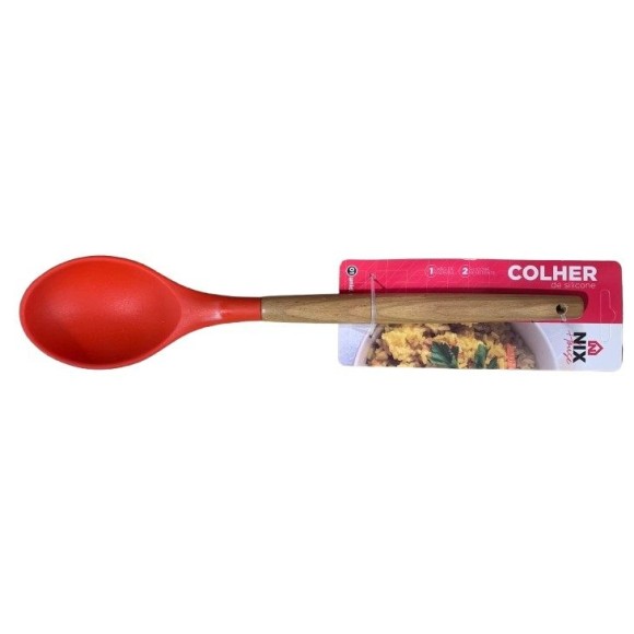 COLHER EM SILICONE C/CABO DE MADEIRA 31,5CM UN.