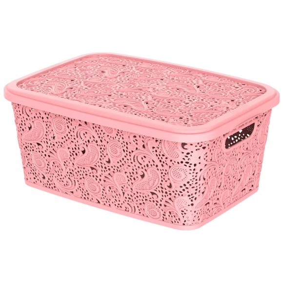 CESTO ORGANIZADOR C/ TAMPA 2,2 L ROSA RENDA FLORAL UN.